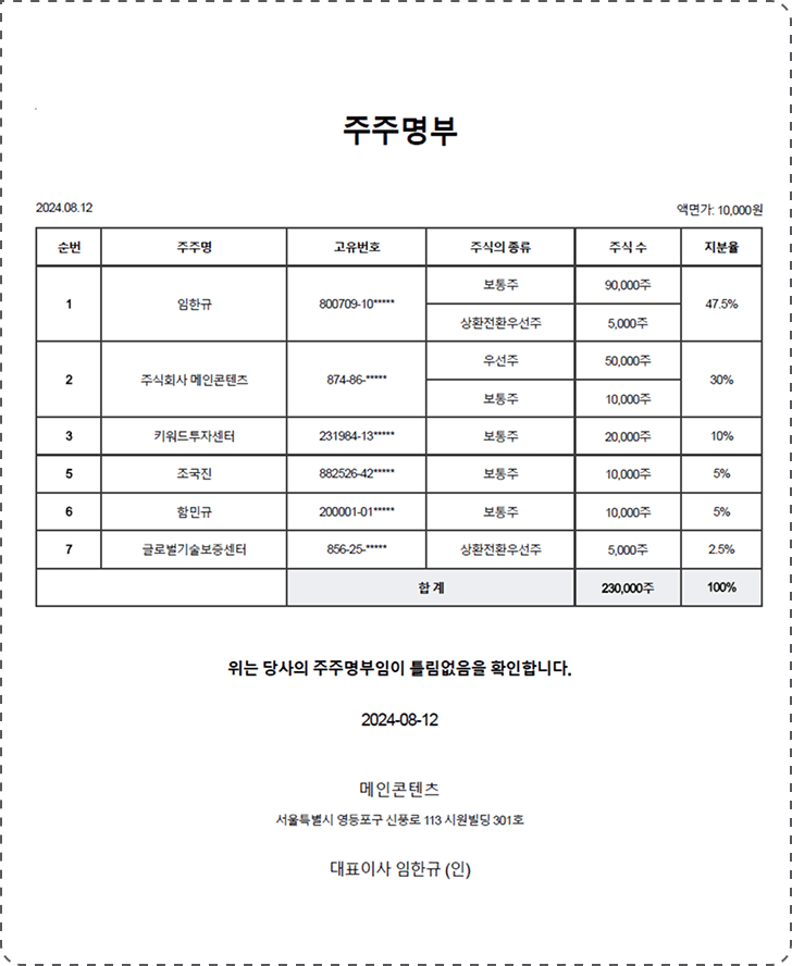 주주명부 PDF 출력